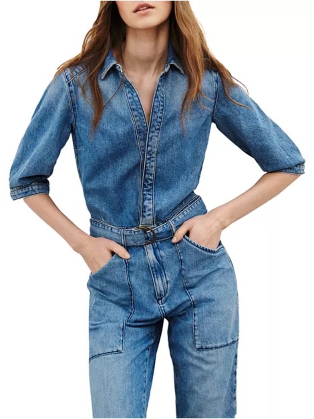 ba&sh Washed Blue Denim Jumpsuit with Belt